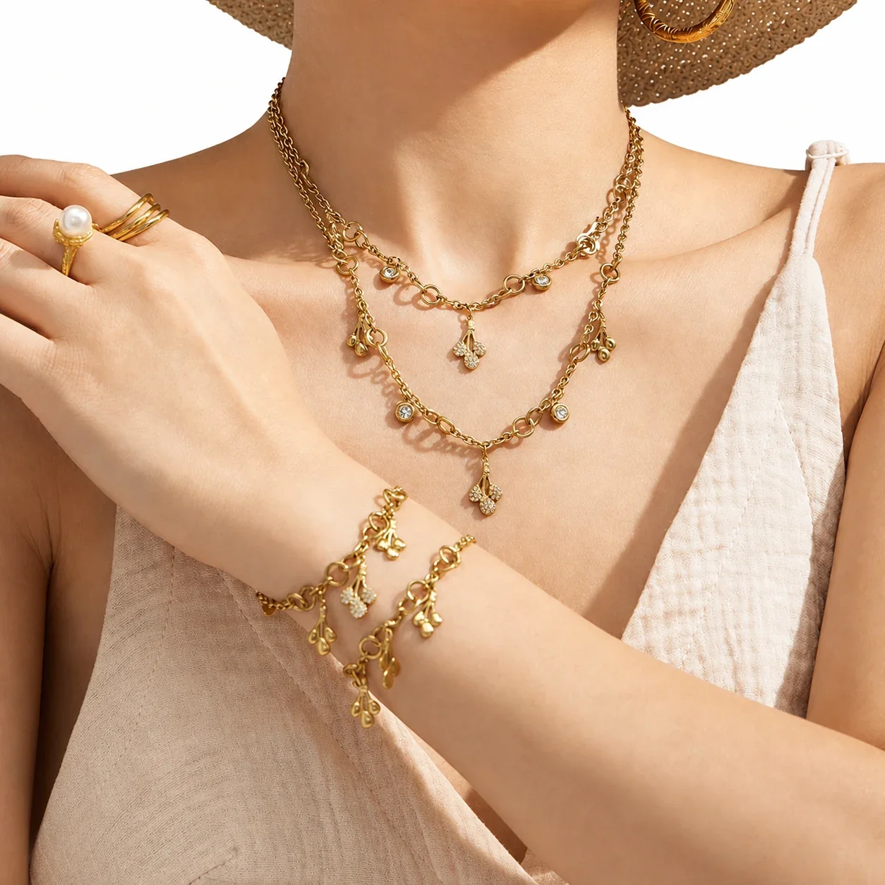 Sunlit 18K Gold-Plated 316L Oval-Link CZ Jewelry Set