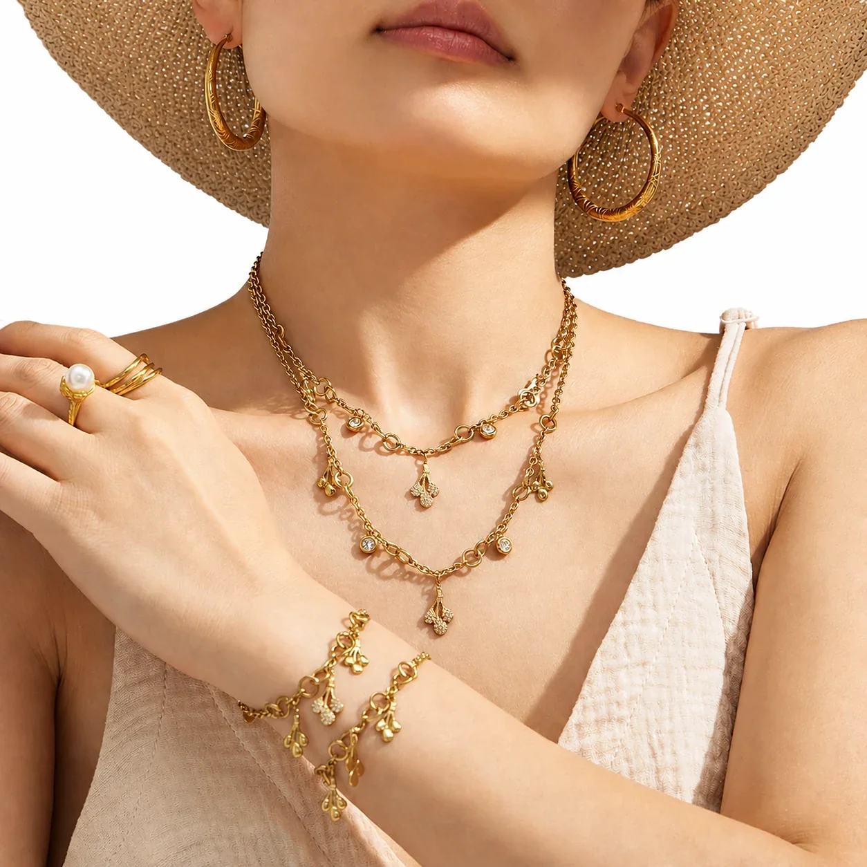Sunlit 18K Gold-Plated 316L Oval-Link CZ Jewelry Set