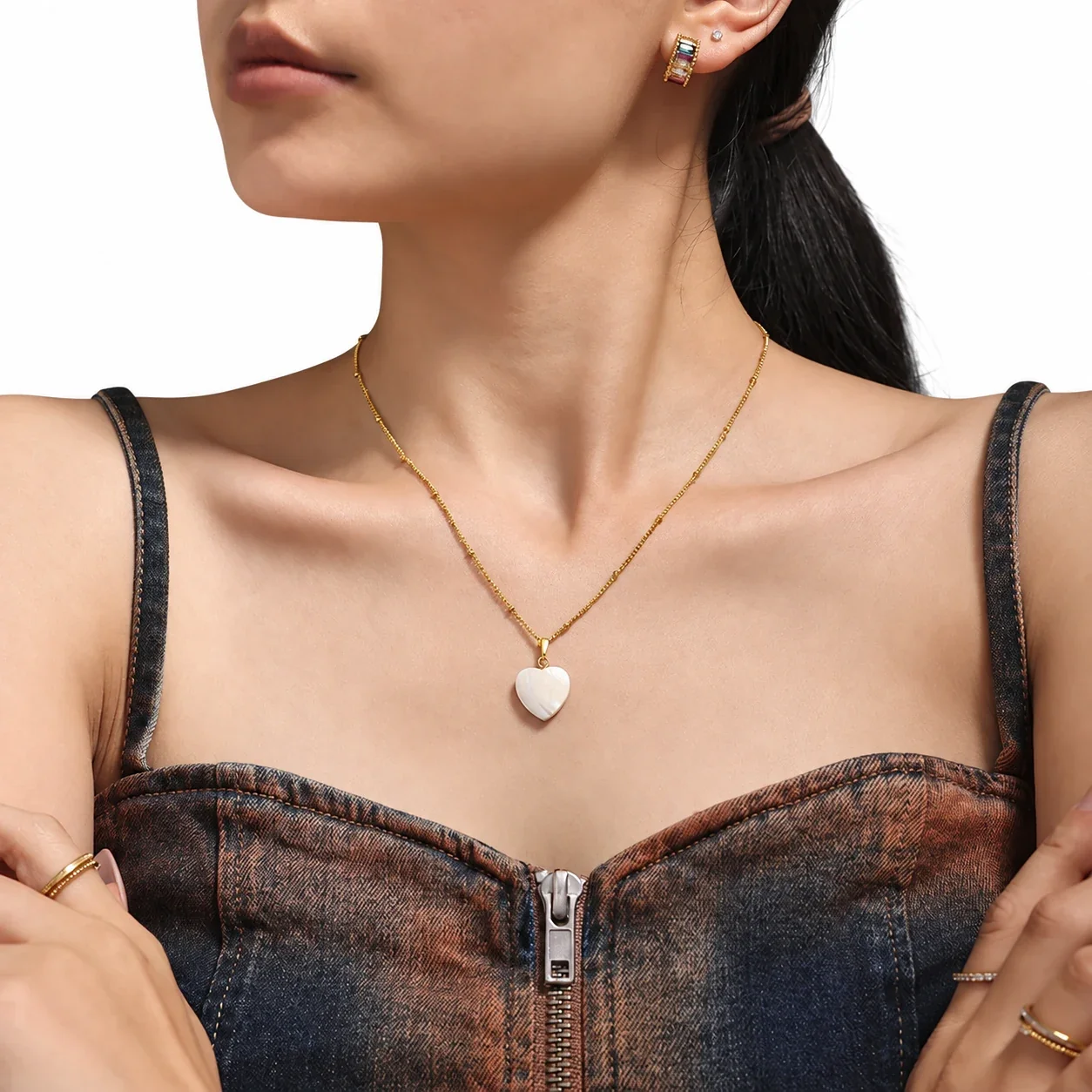 18K Gold-Plated Heart Shell Beaded Stainless Steel Necklace