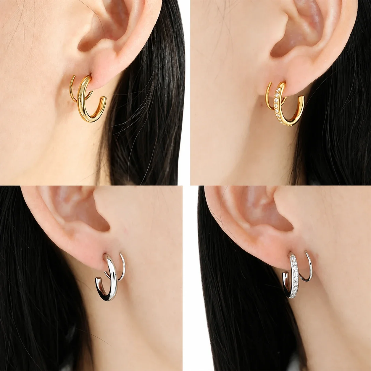 Sculptural Stainless Steel Double Open Hoop Earrings