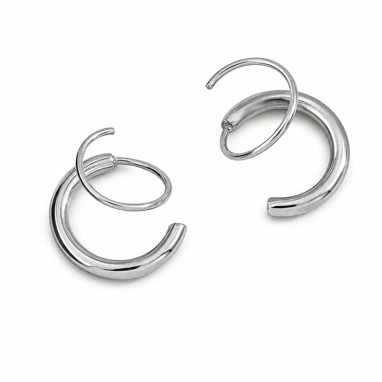 Sculptural Stainless Steel Double Open Hoop Earrings - Silver