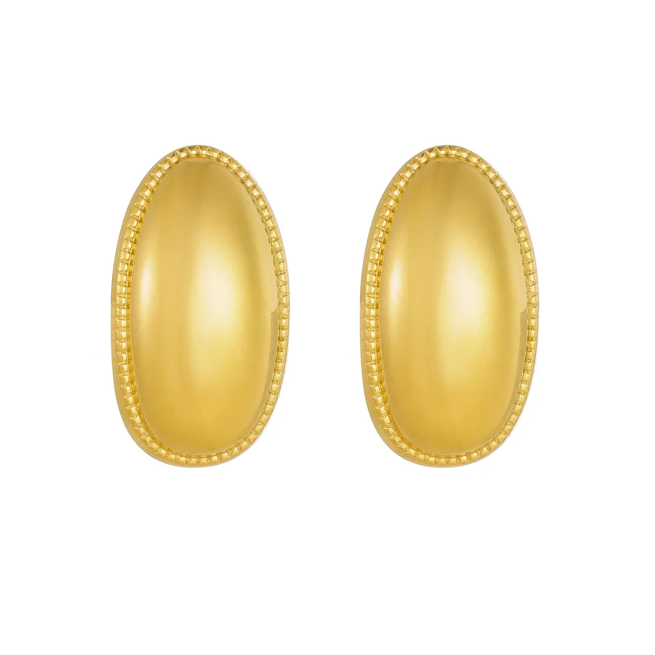 Oval Stud Earrings Domed Beaded Rim Gold-Plated Stainless Steel
