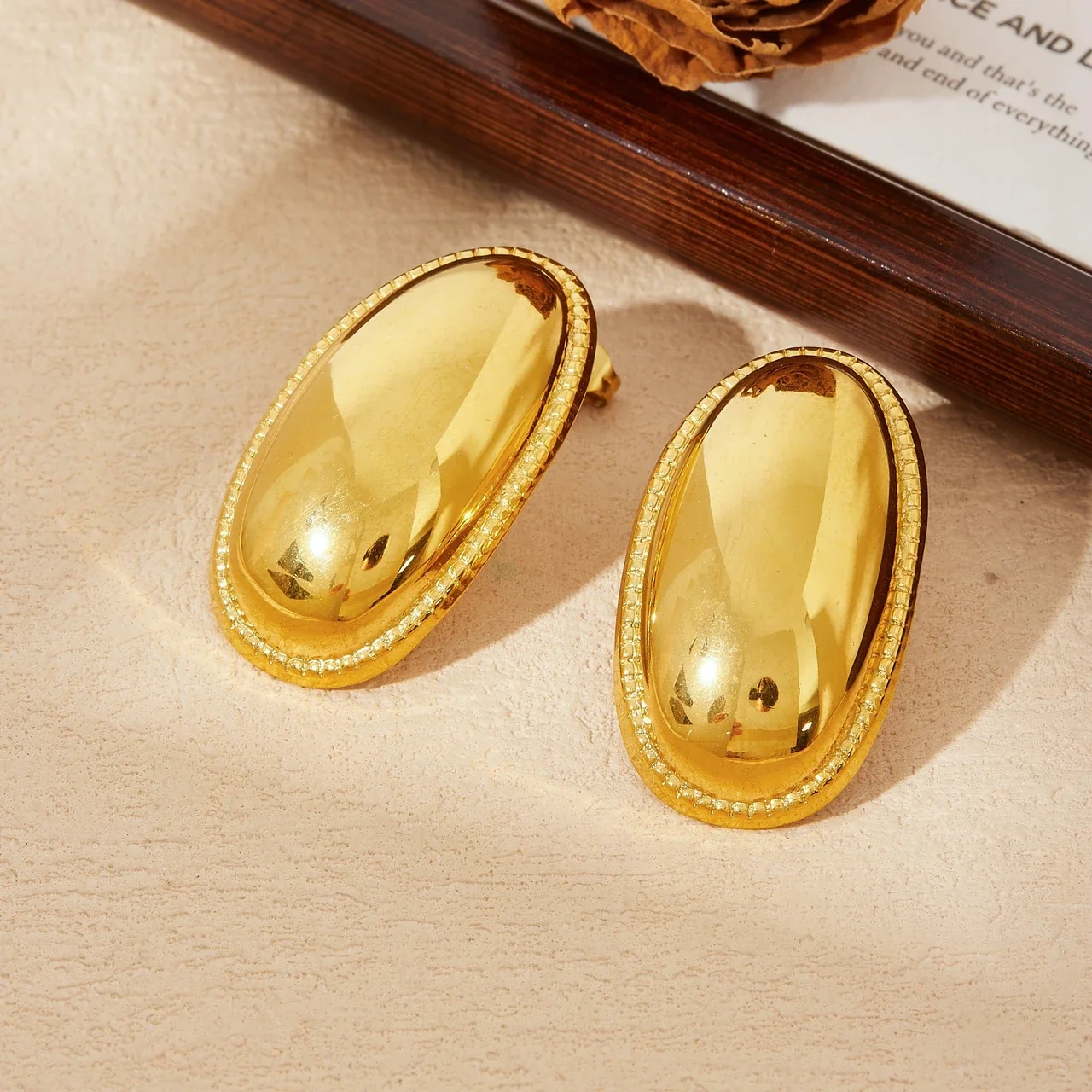 Oval Stud Earrings Domed Beaded Rim Gold-Plated Stainless Steel
