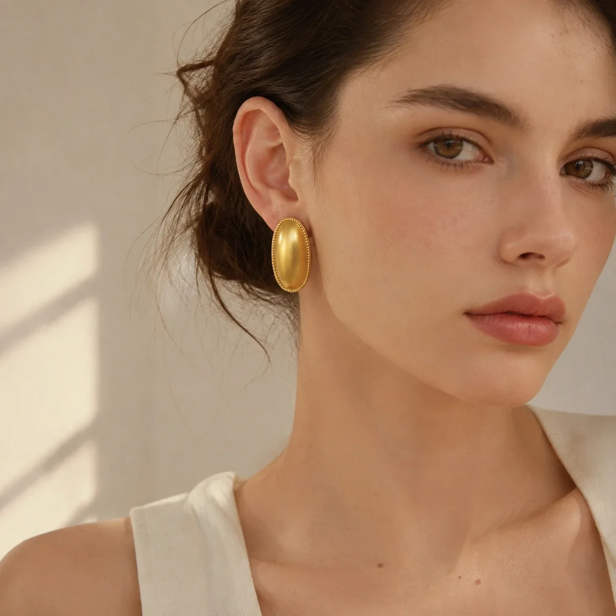 Oval Stud Earrings Domed Beaded Rim Gold-Plated Stainless Steel