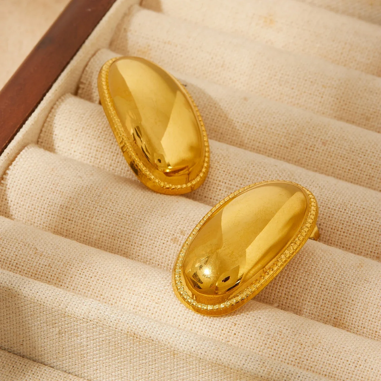 Oval Stud Earrings Domed Beaded Rim Gold-Plated Stainless Steel