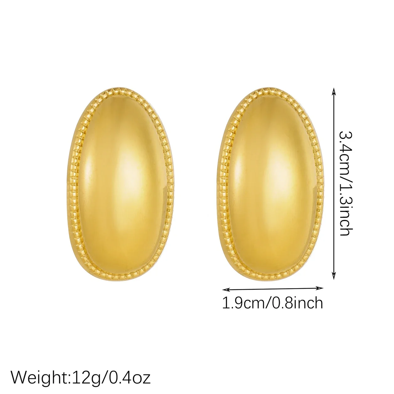 Oval Stud Earrings Domed Beaded Rim Gold-Plated Stainless Steel