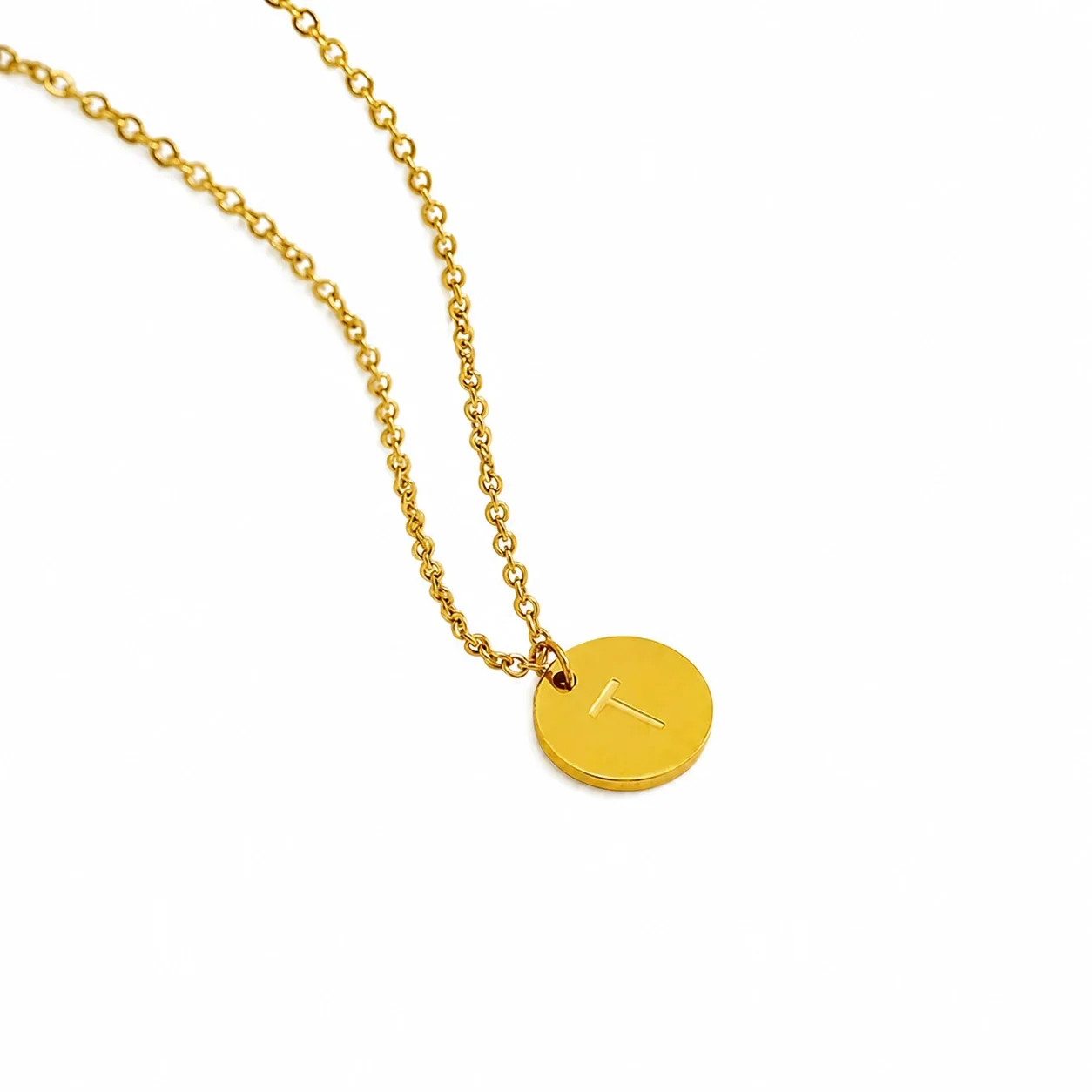 Refined Gold-Plated Disc Initial Chain Necklace - Letter T