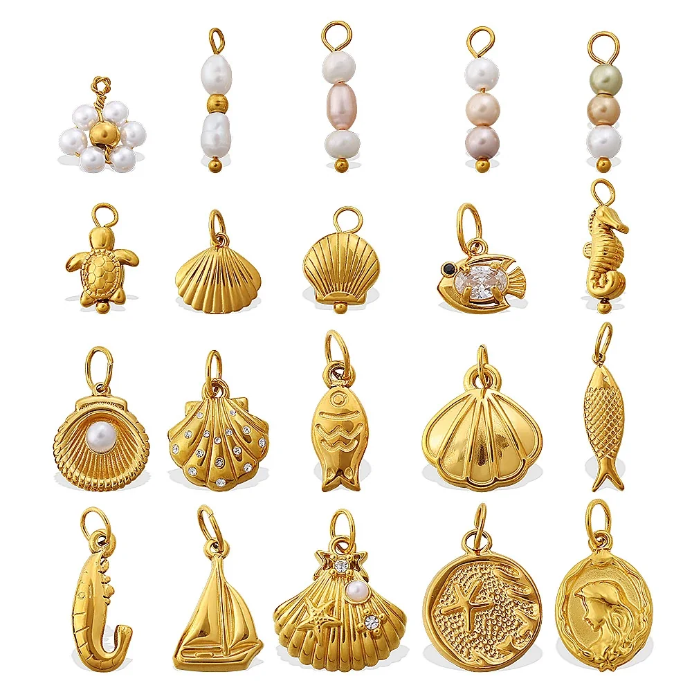 Sea-Life Charm Pendants with Shell and Turtle, Gold-Plated Steel