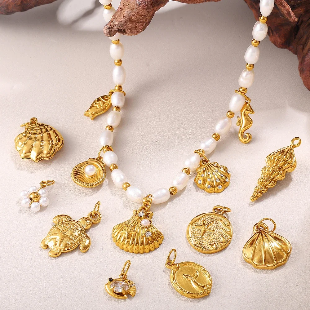 Sea-Life Charm Pendants with Shell and Turtle, Gold-Plated Steel