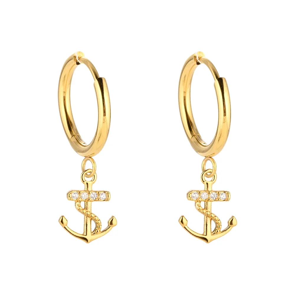Polished 316 Stainless Steel Charm Hoop Earrings - Silver Anchor