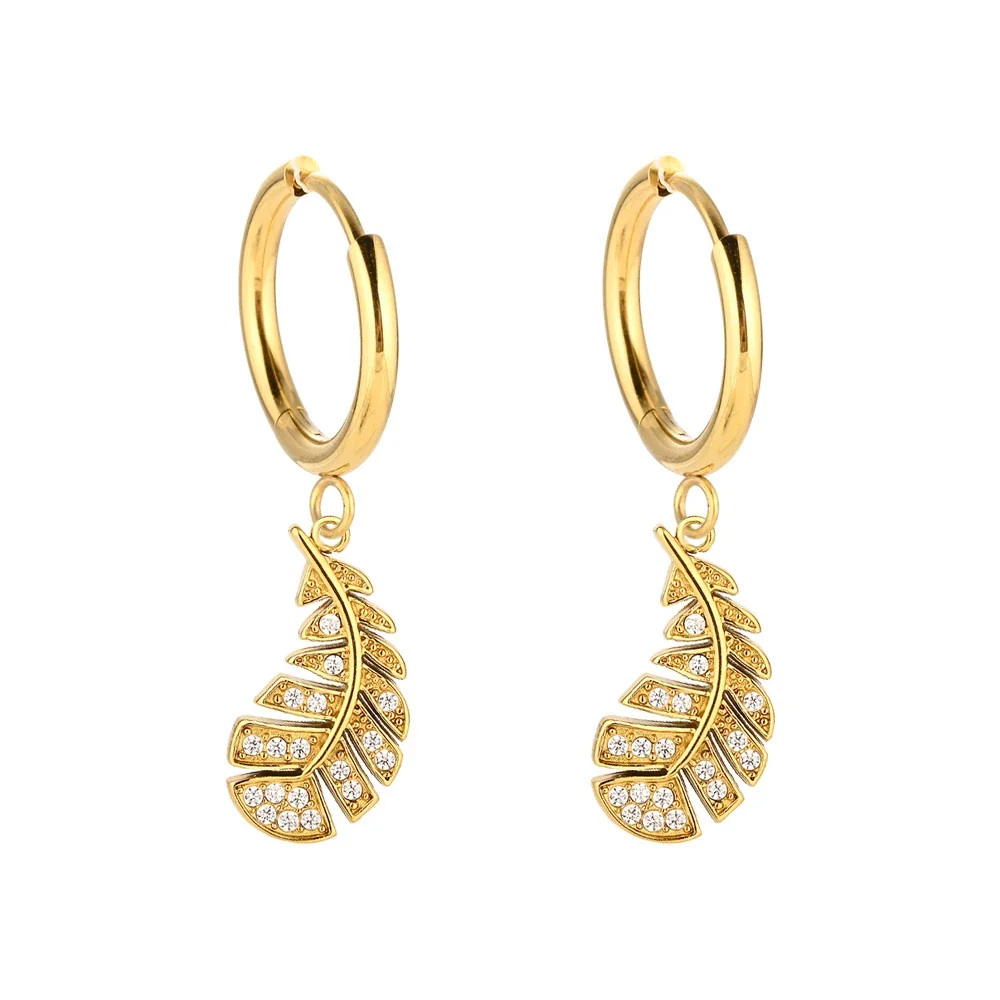 Polished 316 Stainless Steel Charm Hoop Earrings - Gold Wheat
