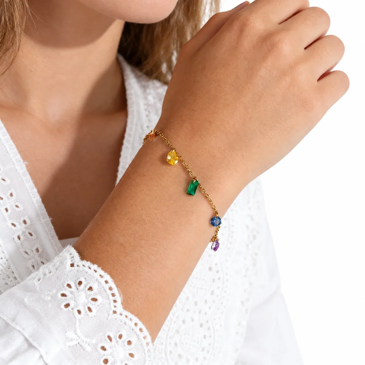 Seven-Color Crystal Charm Bracelet in Gold-Plated Steel