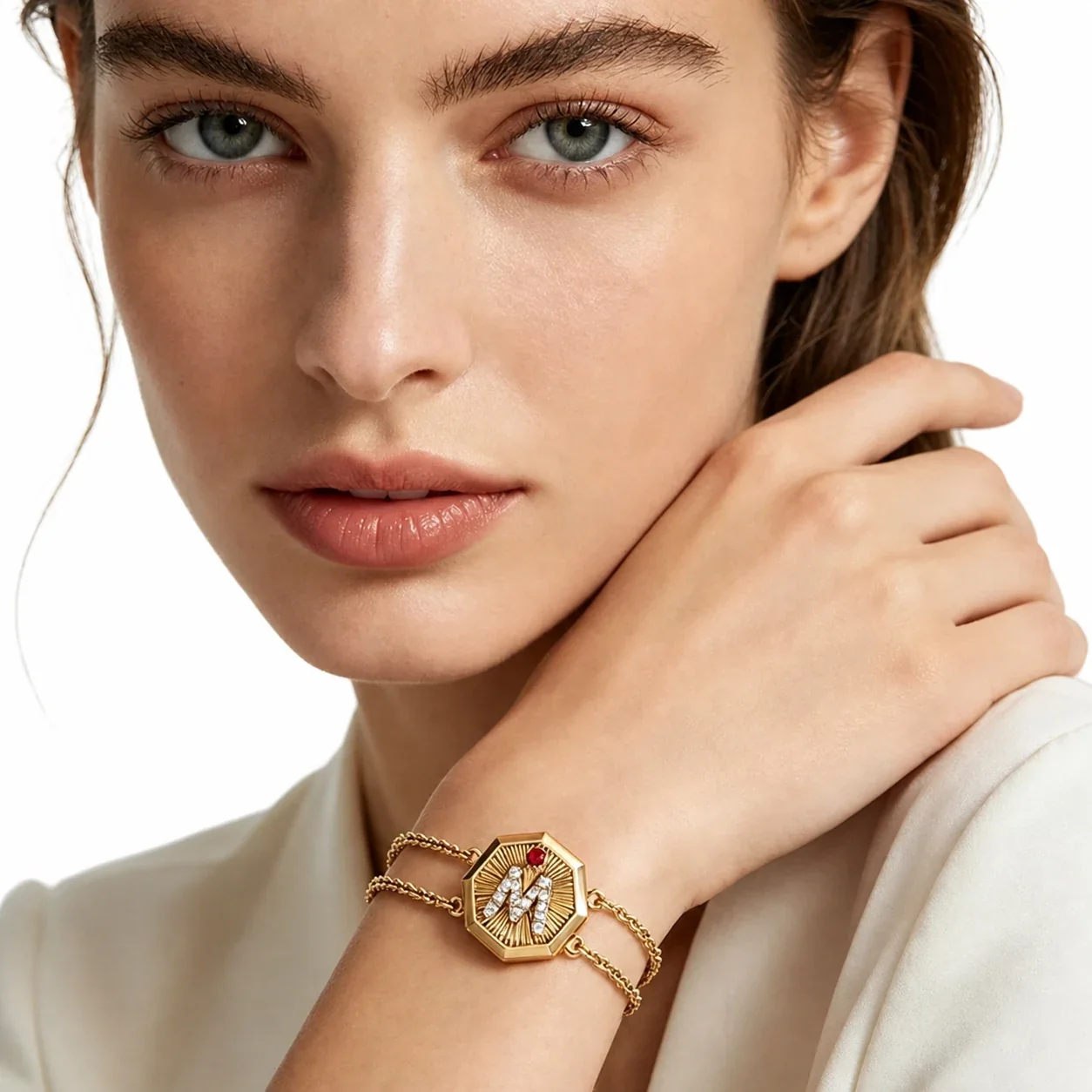 Ornate Gold-Plated Stainless Steel Octagon M Chain Bracelet