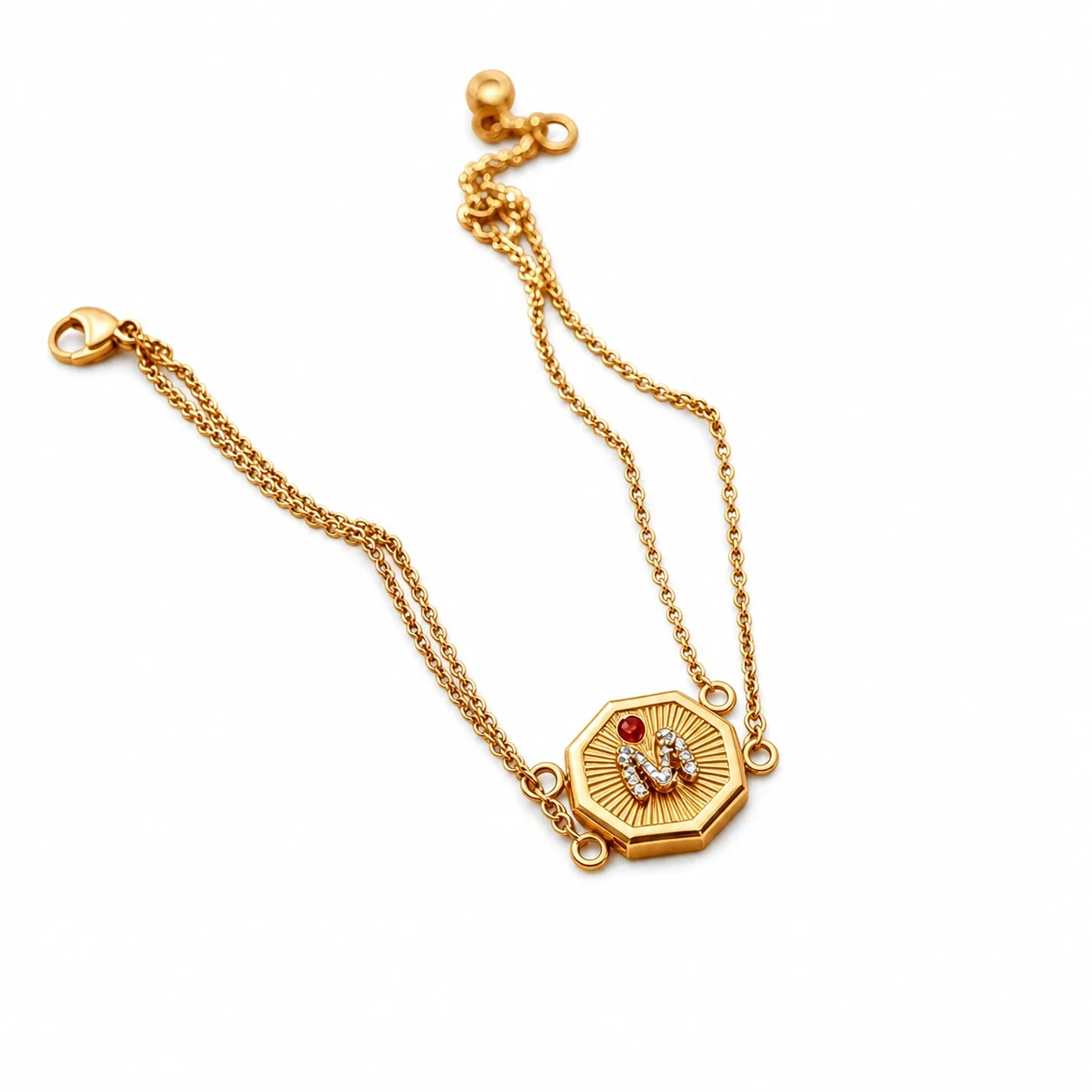 Ornate Gold-Plated Stainless Steel Octagon M Chain Bracelet