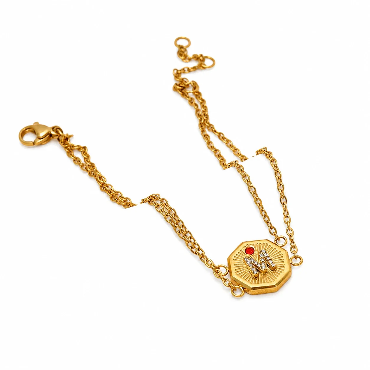 Ornate Gold-Plated Stainless Steel Octagon M Chain Bracelet