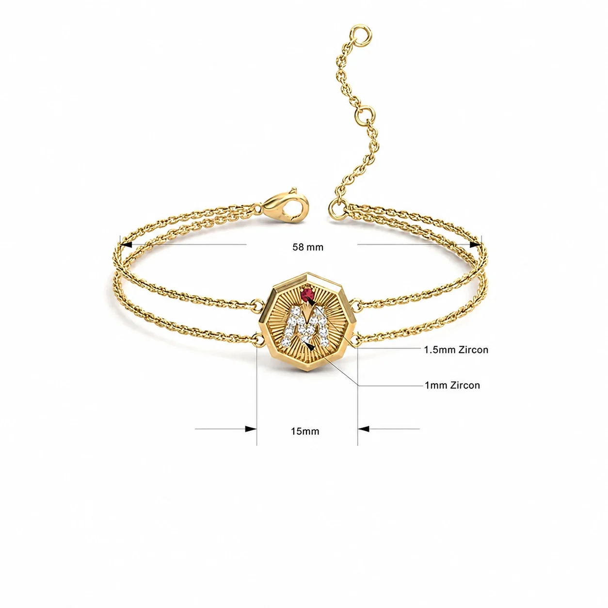Ornate Gold-Plated Stainless Steel Octagon M Chain Bracelet - Gold