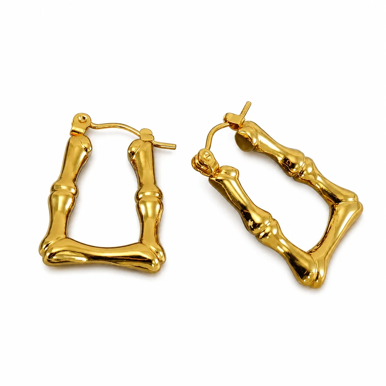 Sculptural Gold-Plated Bamboo Square U Hoop Earrings