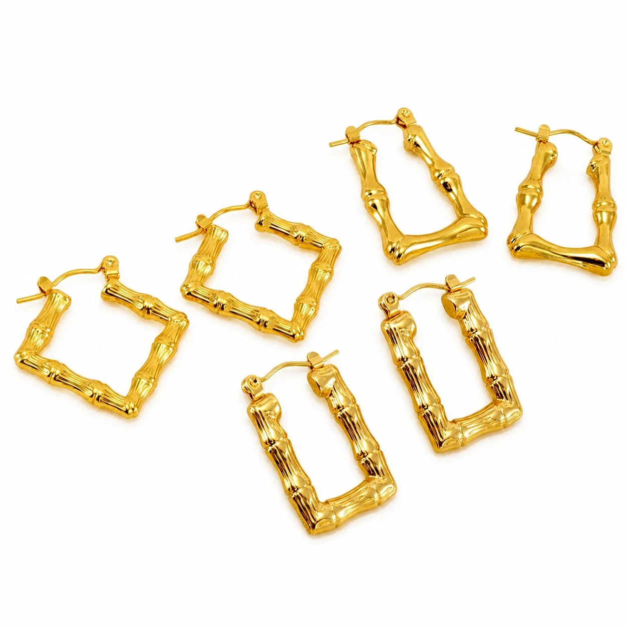 Sculptural Gold-Plated Bamboo Square U Hoop Earrings