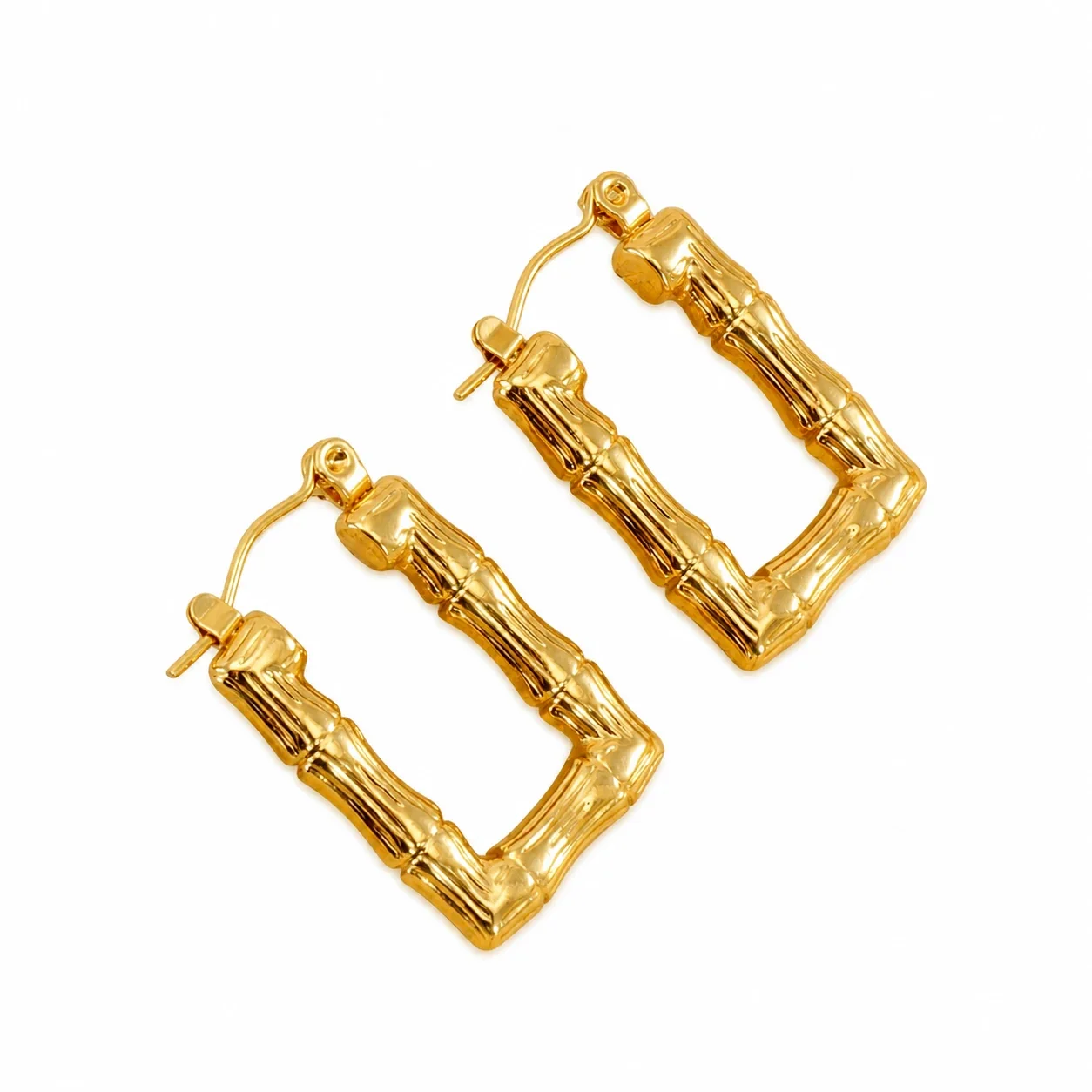 Sculptural Gold-Plated Bamboo Square U Hoop Earrings