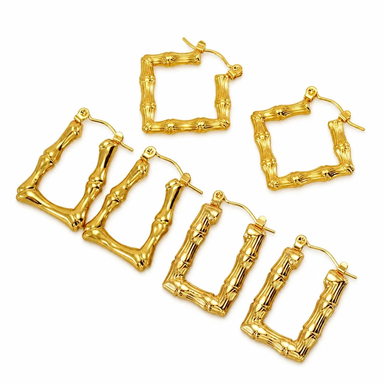 Sculptural Gold-Plated Bamboo Square U Hoop Earrings