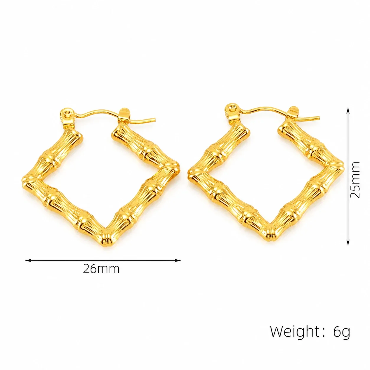 Sculptural Gold-Plated Bamboo Square U Hoop Earrings - Gold Rectangular Ribbed Bamboo