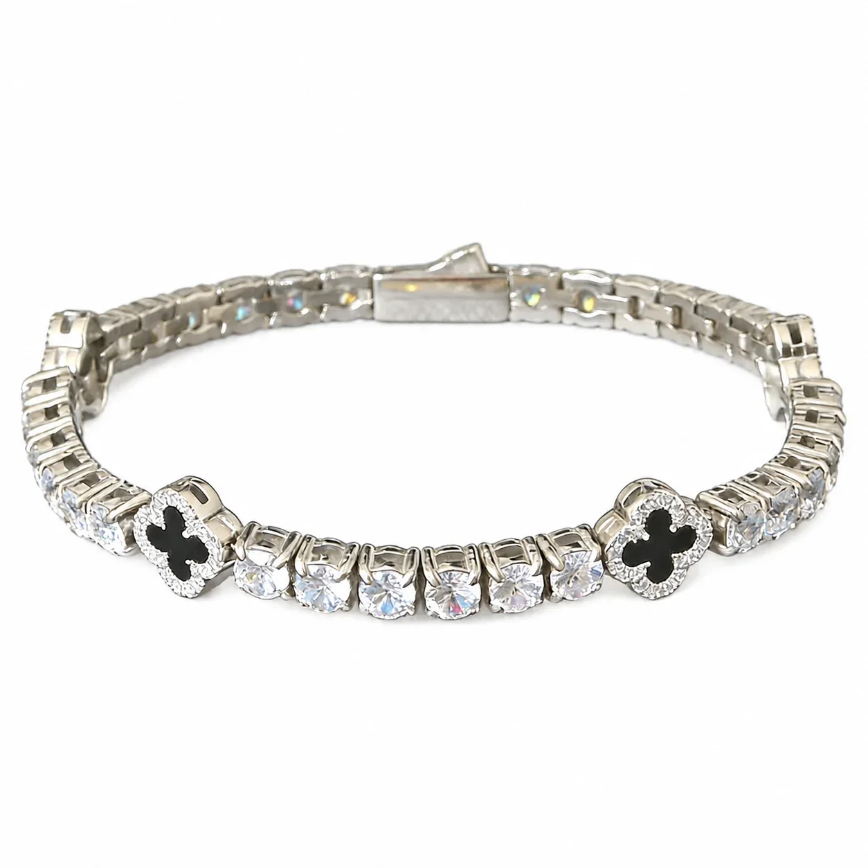 Luminous 316 Stainless Clover Tennis Bracelet - Silver Black Shell Clover CZ