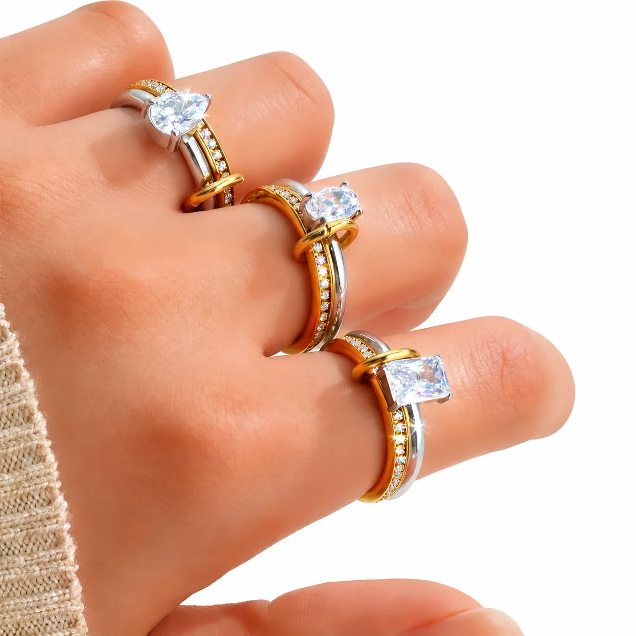 Double-Band Pavé Crystal Ring in Stainless Steel