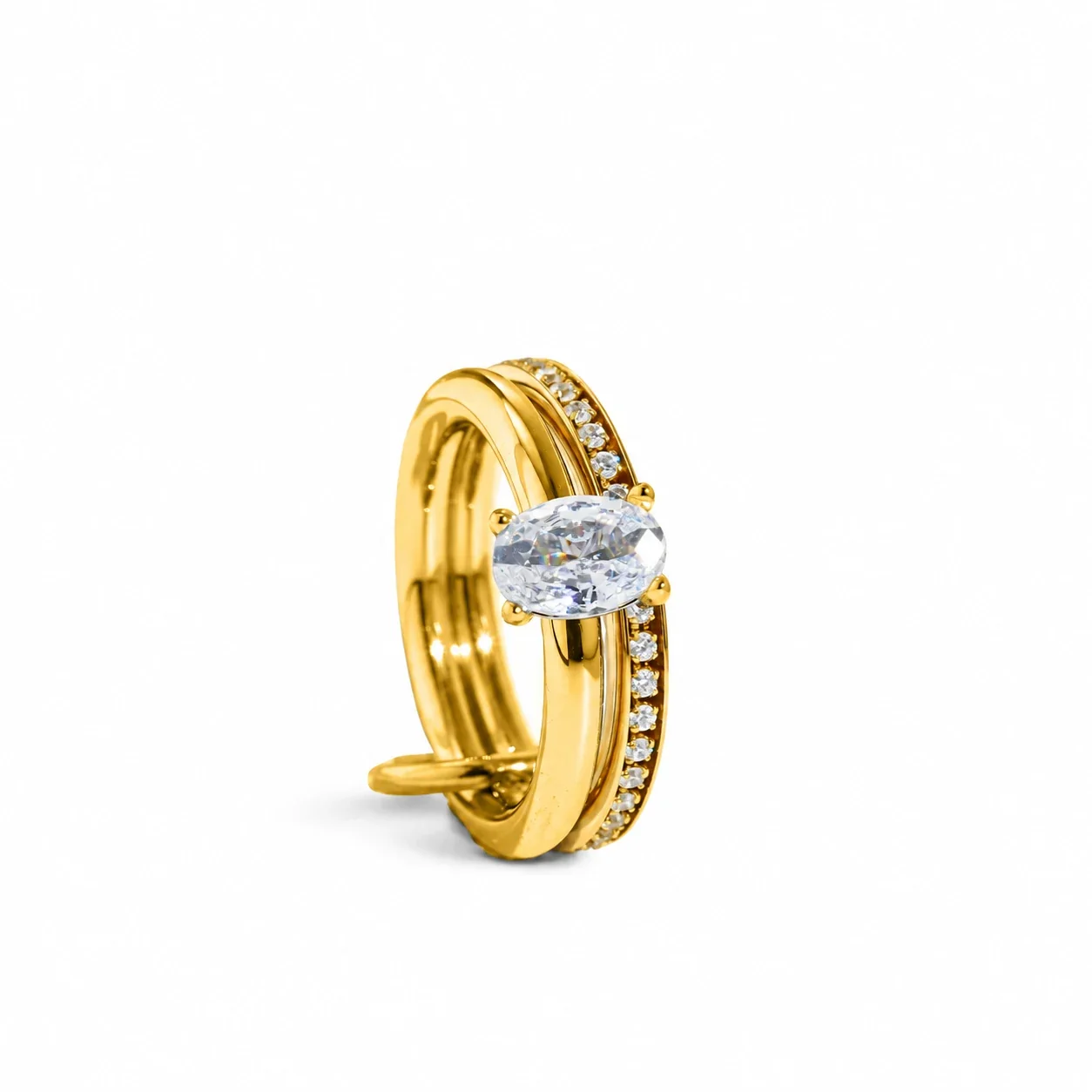 Double-Band Pavé Crystal Ring in Stainless Steel - Gold Oval Cubic Zirconia Double Band
