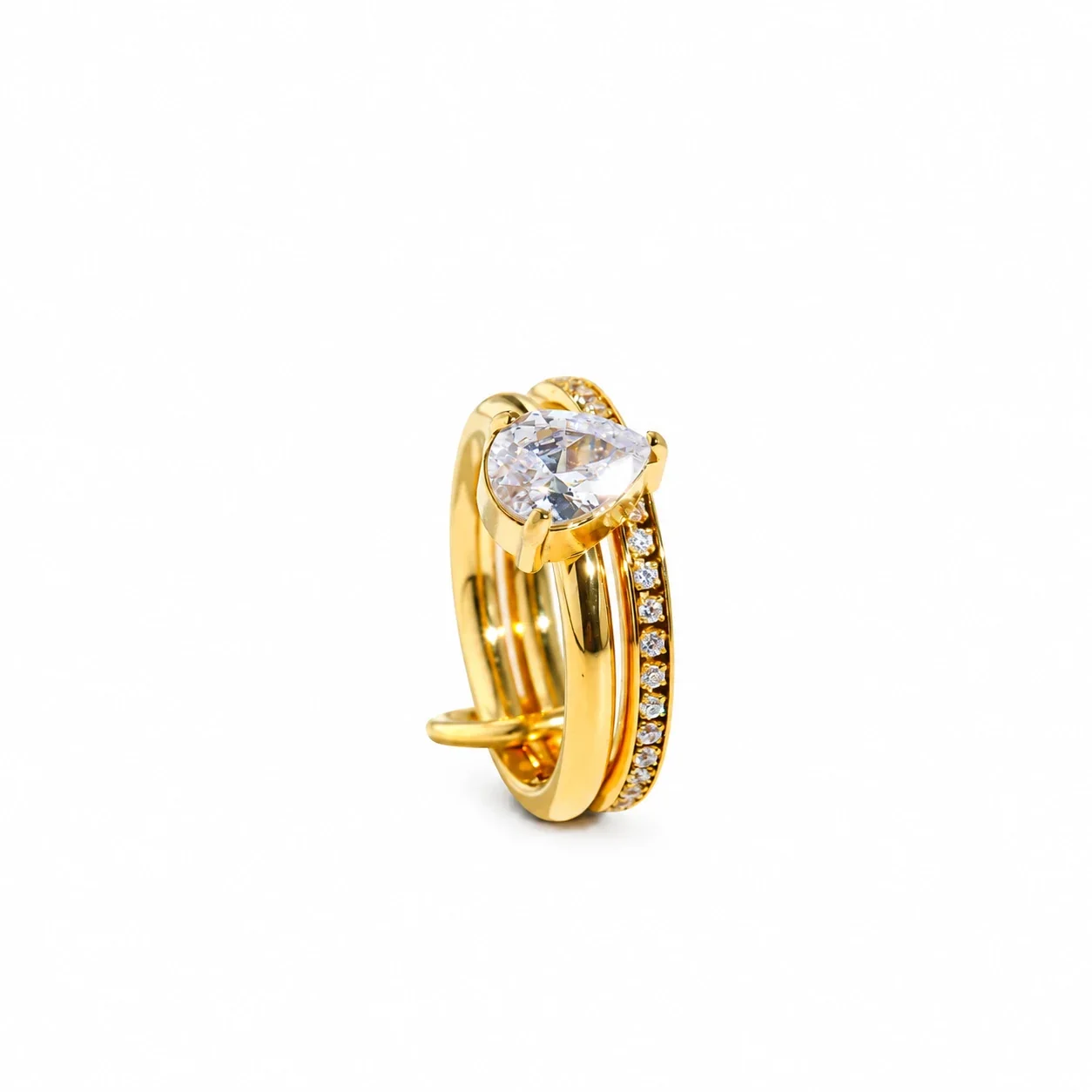 Double-Band Pavé Crystal Ring in Stainless Steel - Gold Pear Cubic Zirconia Double Band