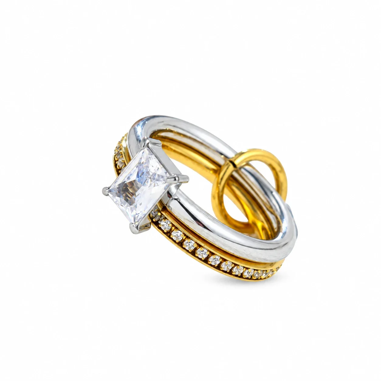 Double-Band Pavé Crystal Ring in Stainless Steel - Two-Tone Square Cubic Zirconia Double Band