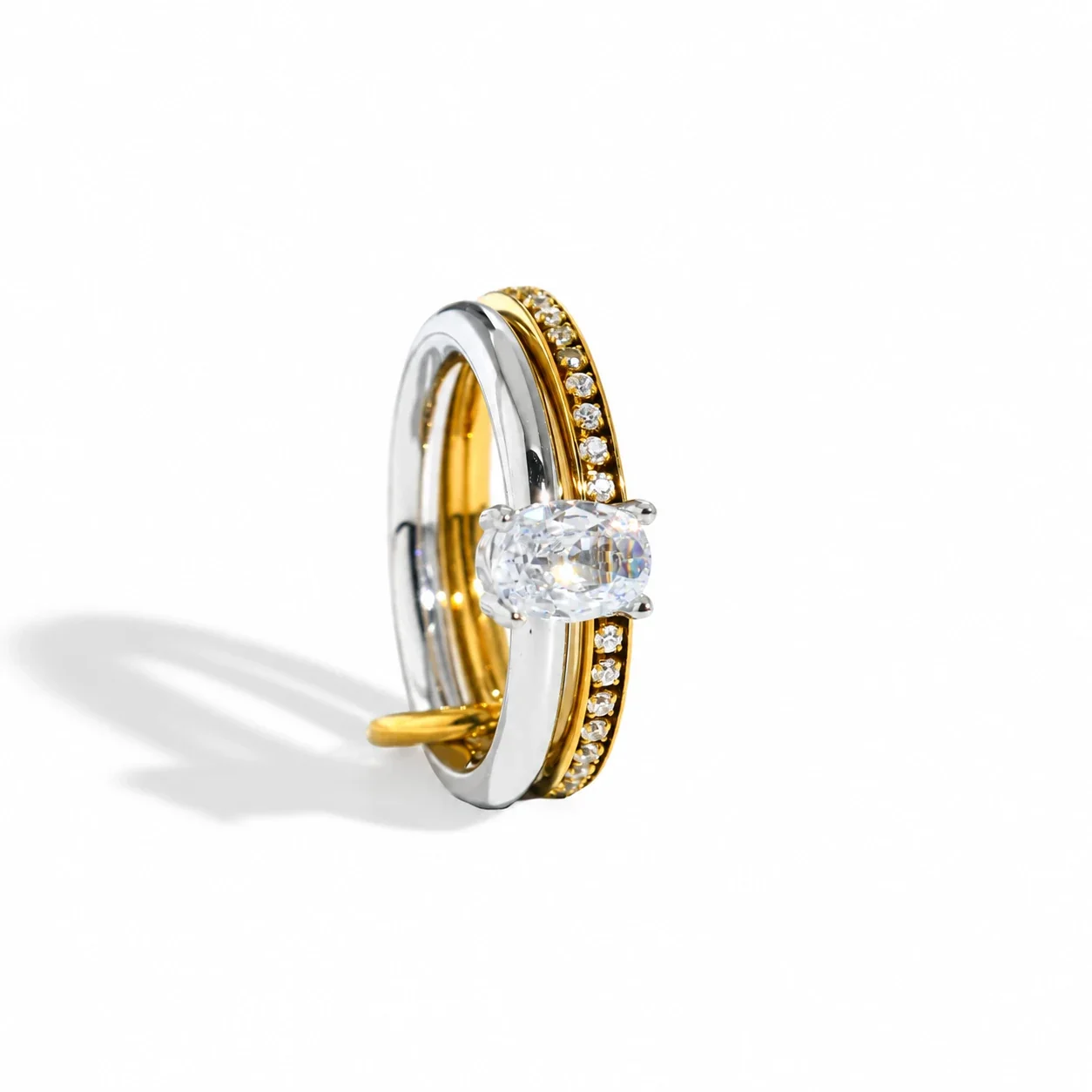 Double-Band Pavé Crystal Ring in Stainless Steel - Two-Tone Oval Cubic Zirconia Double Band