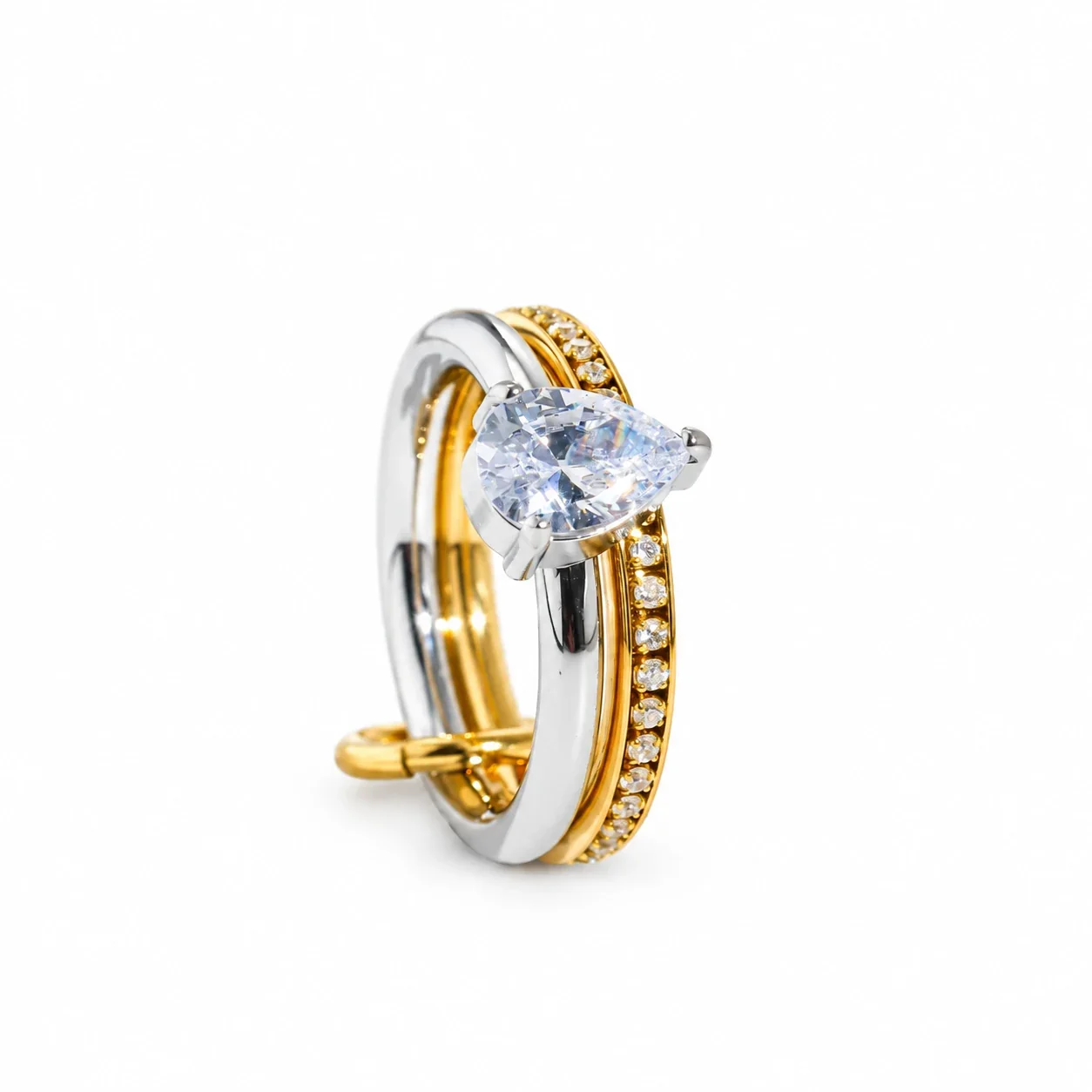 Double-Band Pavé Crystal Ring in Stainless Steel - Two-Tone Pear Cubic Zirconia Double Band