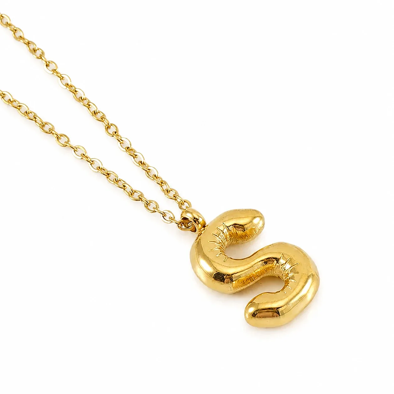 Puffy 18K Gold-Plated Bubble Letter Chain Necklace - Gold Letter S