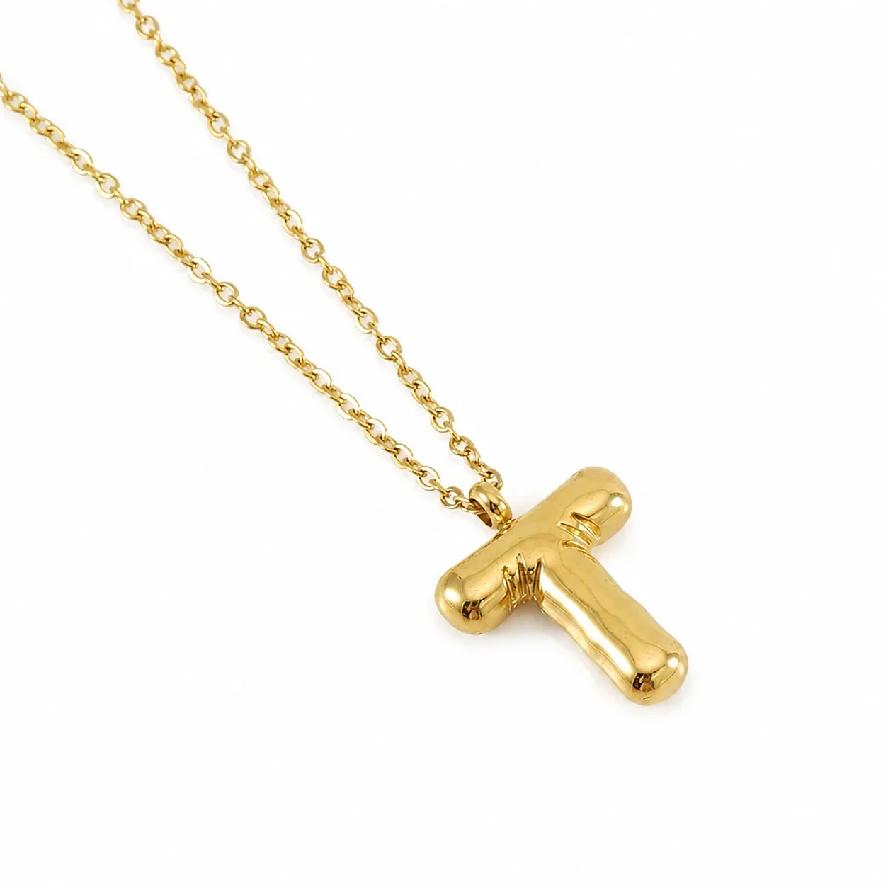 Puffy 18K Gold-Plated Bubble Letter Chain Necklace - Gold Letter T