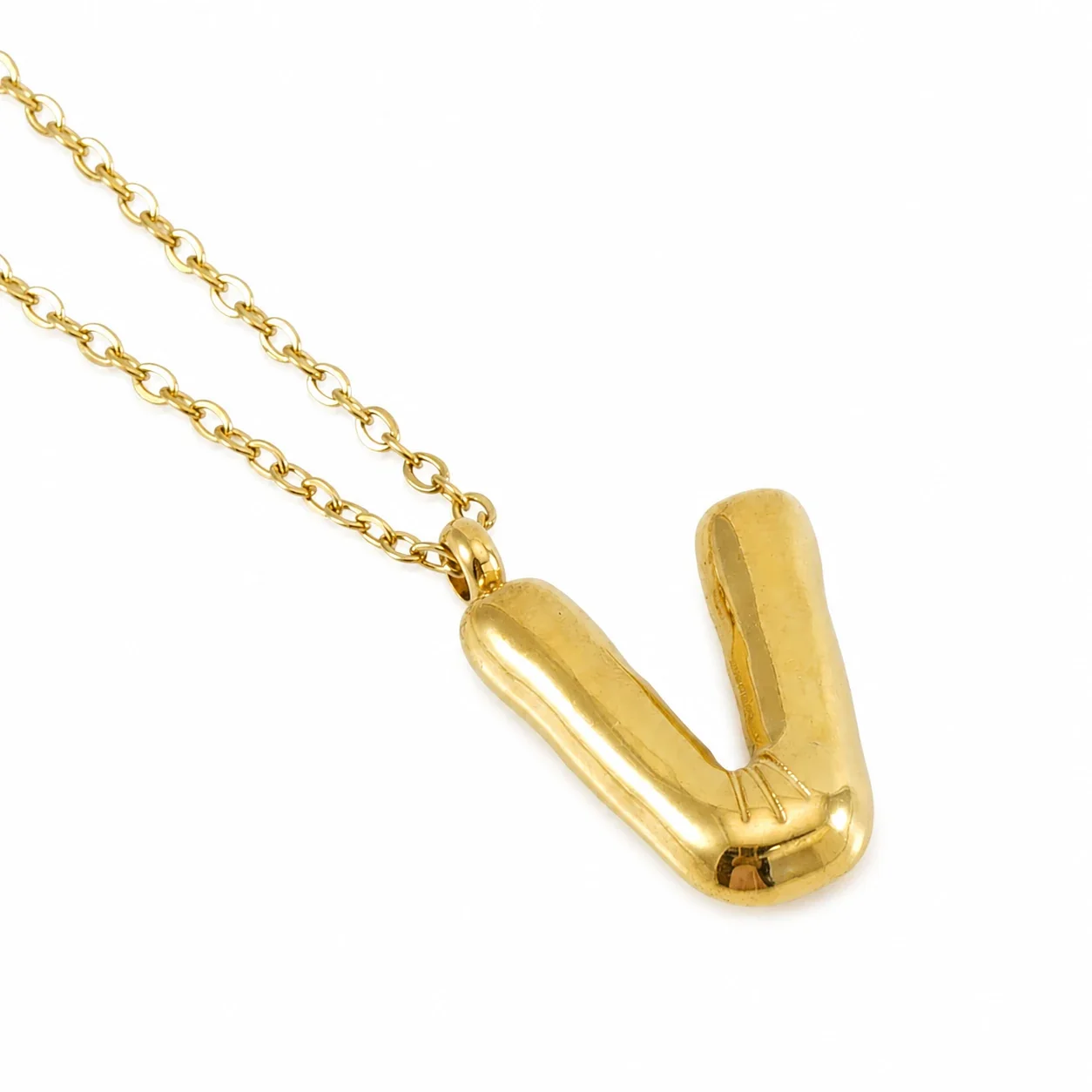 Puffy 18K Gold-Plated Bubble Letter Chain Necklace - Gold Letter V
