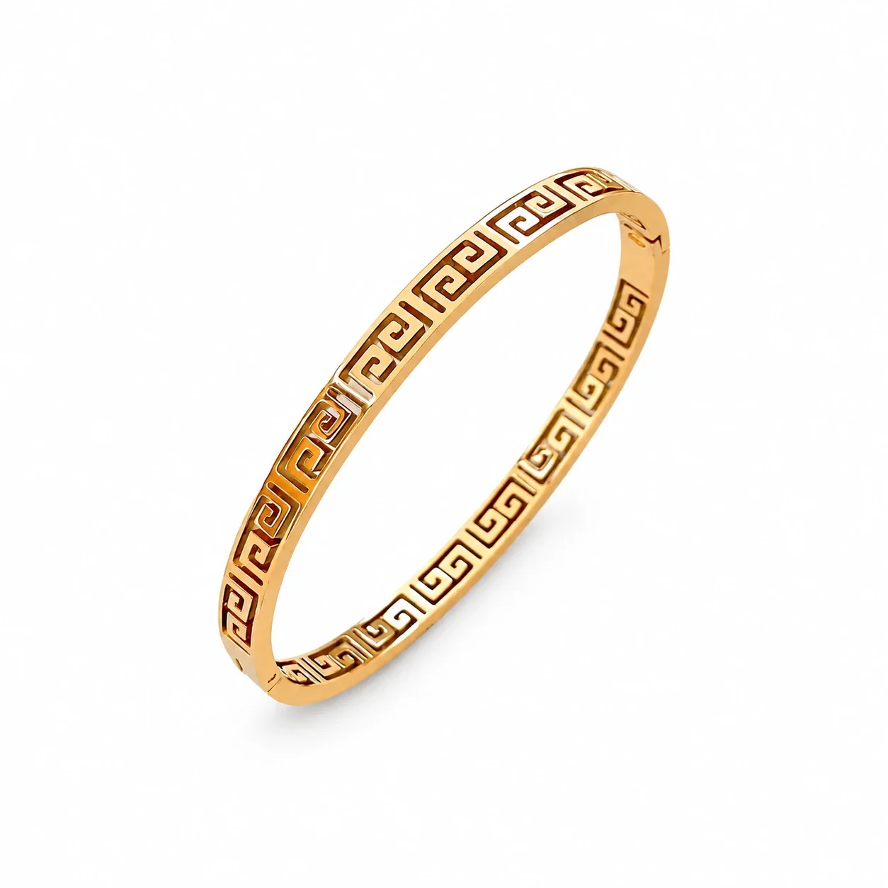 Bangle met Grieks sleutelmotief en uitsparingen, verguld roestvrij staal productfoto