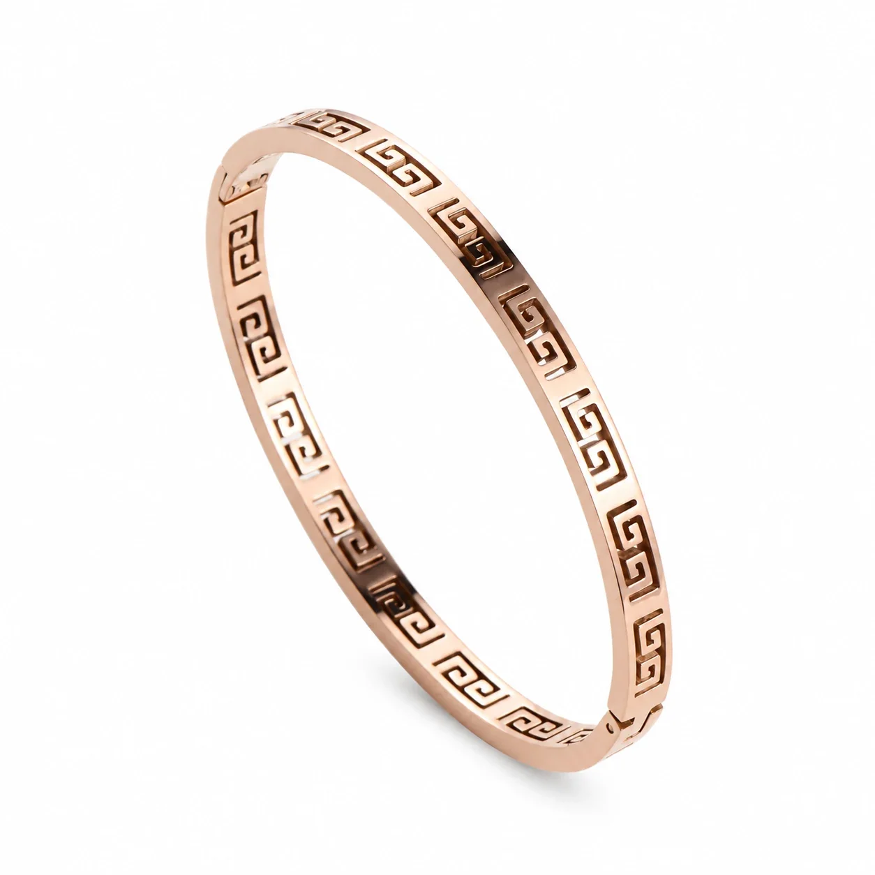 Bangle met Grieks sleutelmotief en uitsparingen, verguld roestvrij staal productfoto