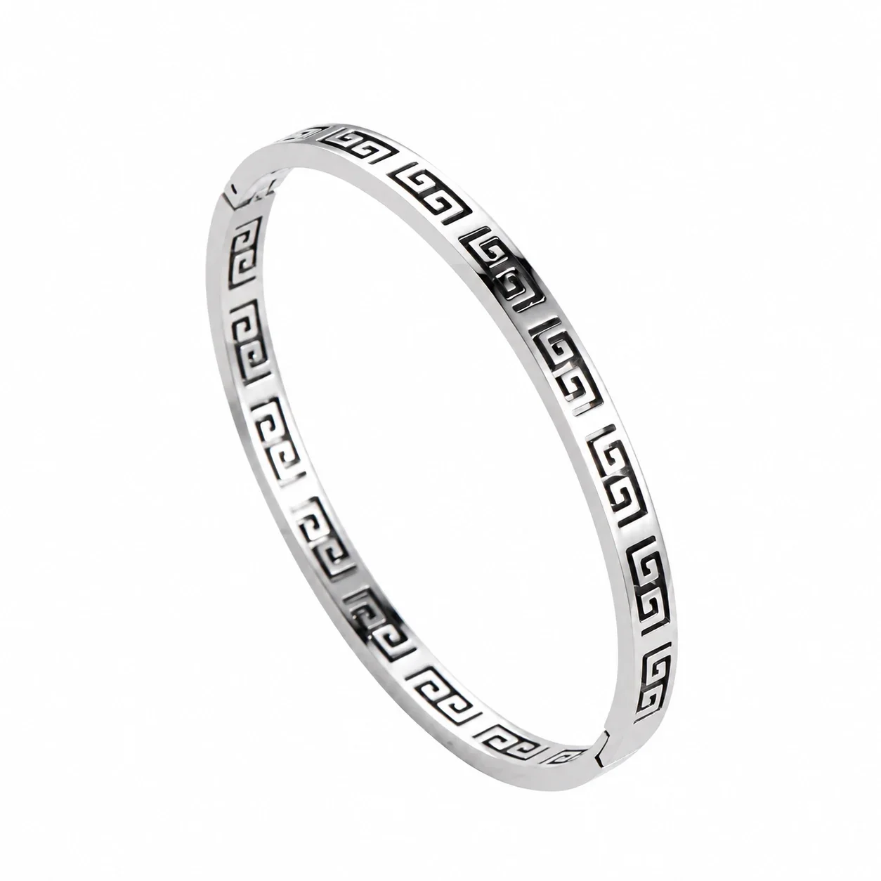 Bangle met Grieks sleutelmotief en uitsparingen, verguld roestvrij staal productfoto