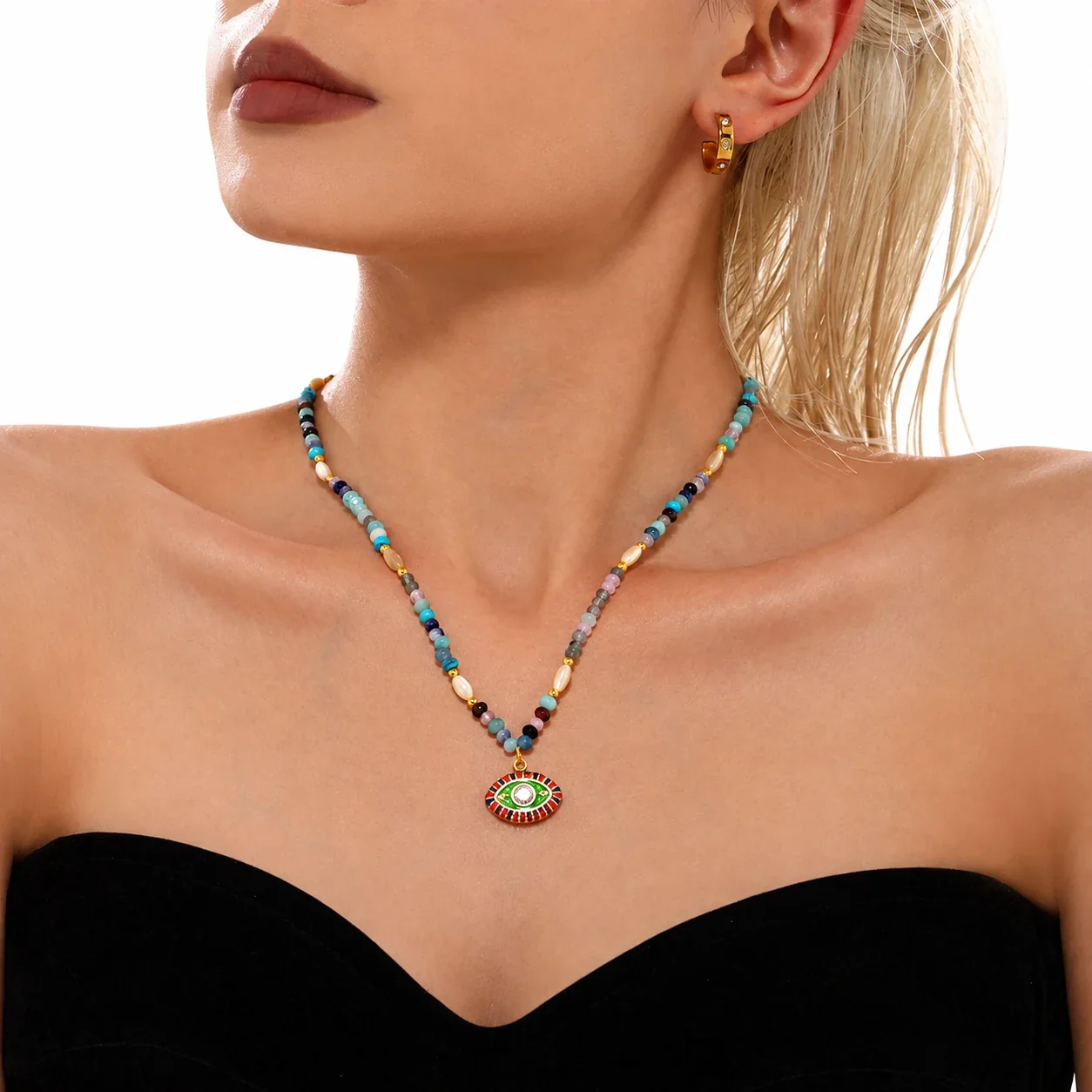 Beaded Evil Eye Pendant Necklace in Stainless Steel