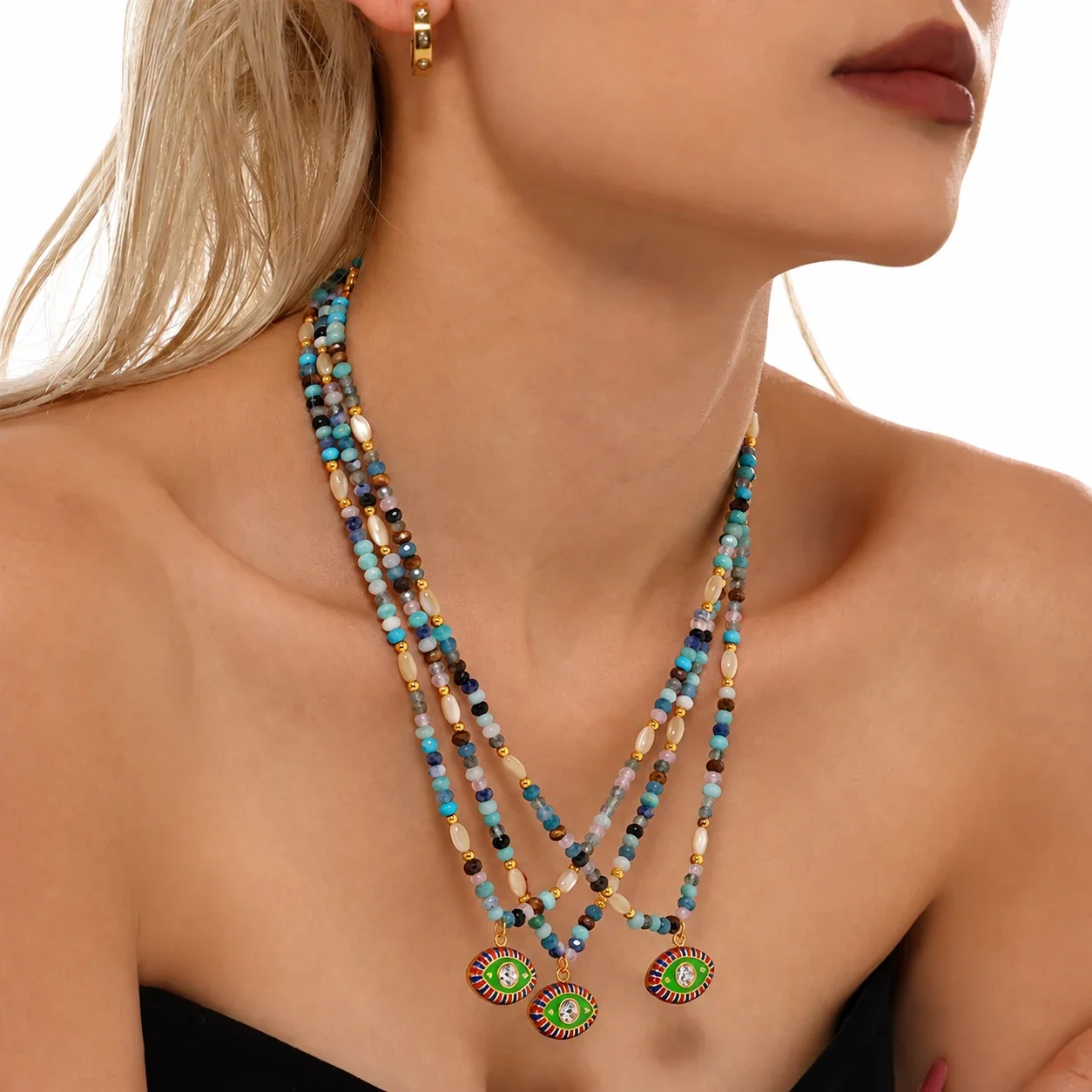 Beaded Evil Eye Pendant Necklace in Stainless Steel
