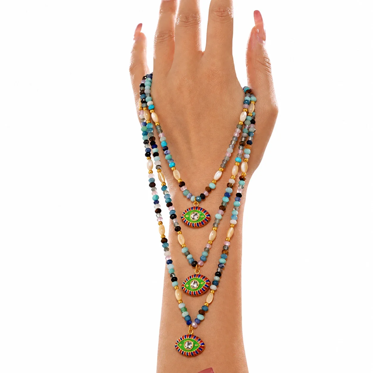 Beaded Evil Eye Pendant Necklace in Stainless Steel