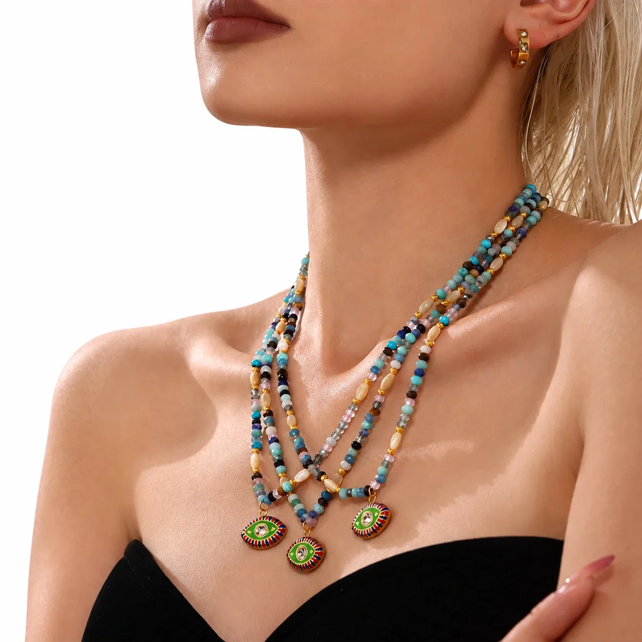 Beaded Evil Eye Pendant Necklace in Stainless Steel