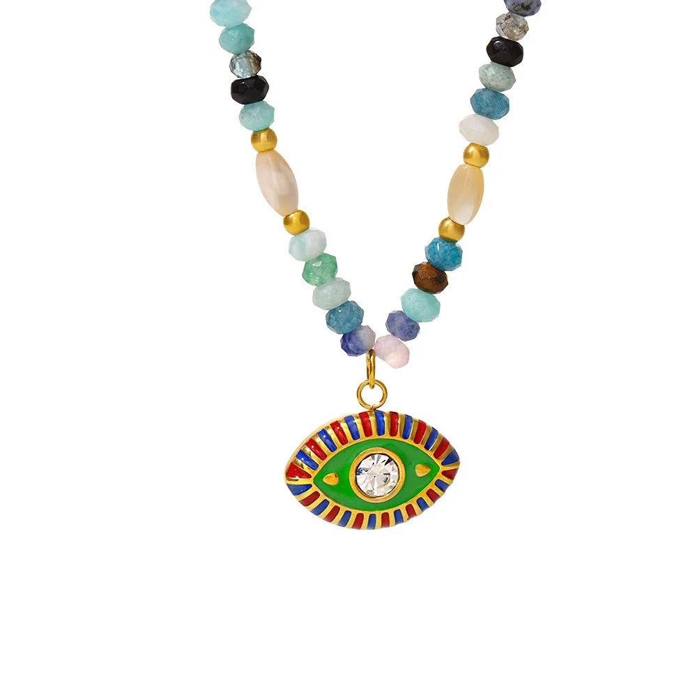 Beaded Evil Eye Pendant Necklace in Stainless Steel