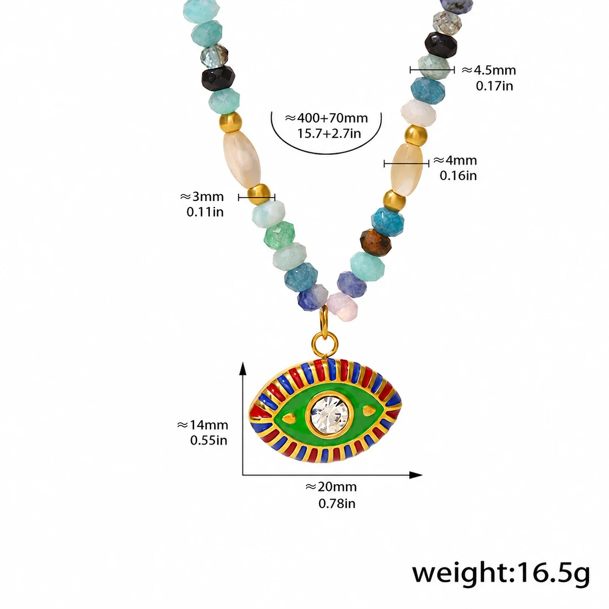 Beaded Evil Eye Pendant Necklace in Stainless Steel - Multicolor Evil Eye Natural Stone
