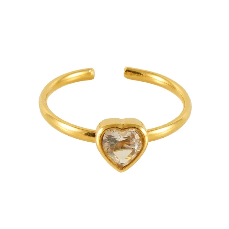 Playful 18K Gold-Plated Open-Front Heart Flower Ring - Gold Clear Heart CZ