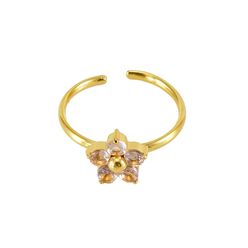 Playful 18K Gold-Plated Open-Front Heart Flower Ring - Gold Pink Flower CZ