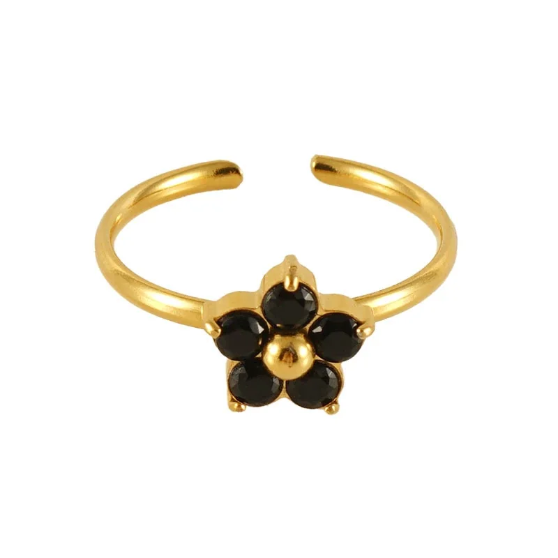 Playful 18K Gold-Plated Open-Front Heart Flower Ring - Gold Black Flower CZ