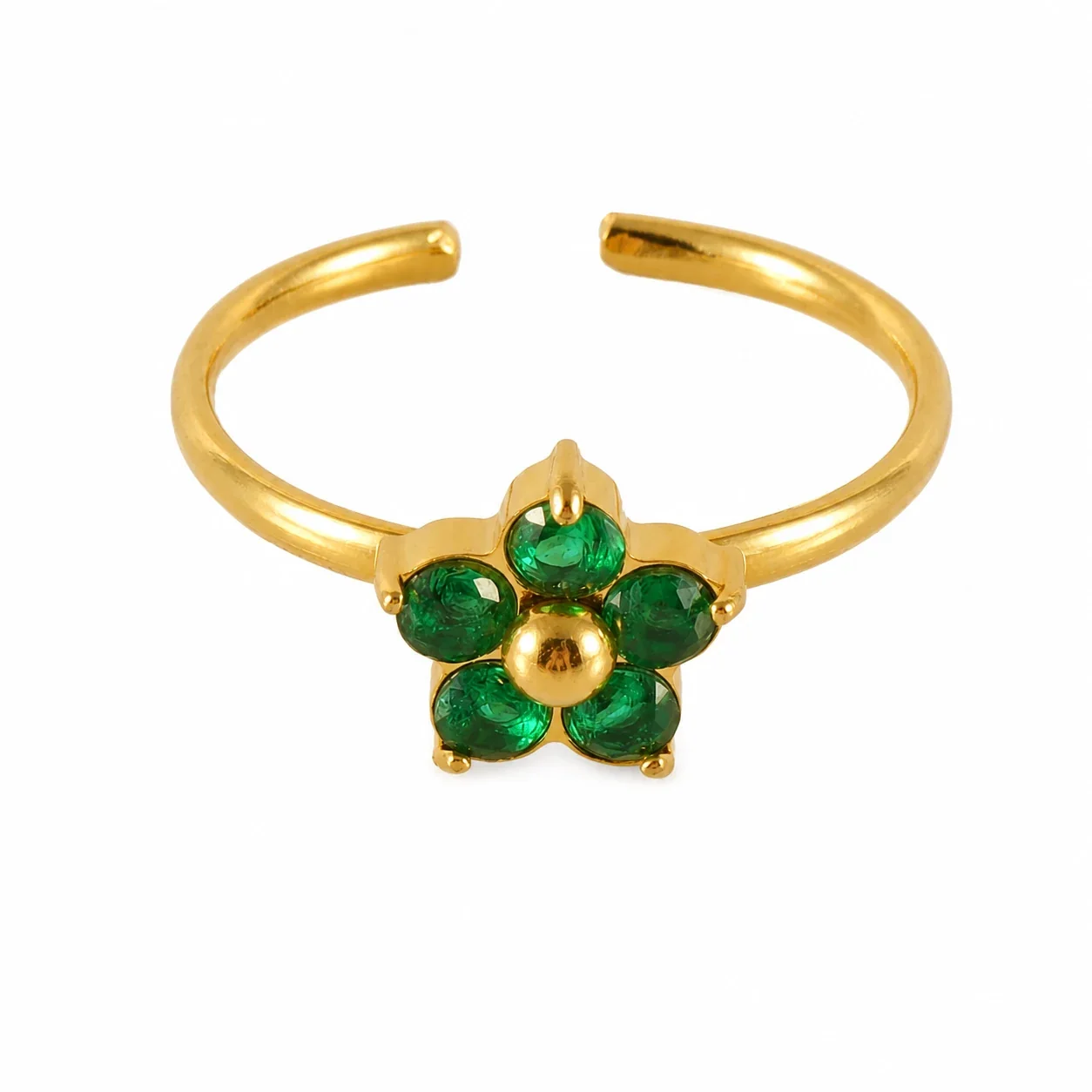 Playful 18K Gold-Plated Open-Front Heart Flower Ring - Gold Green Flower CZ