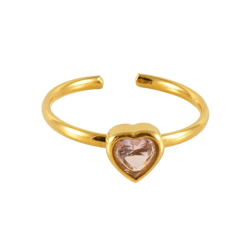 Playful 18K Gold-Plated Open-Front Heart Flower Ring - Gold Pink Heart CZ