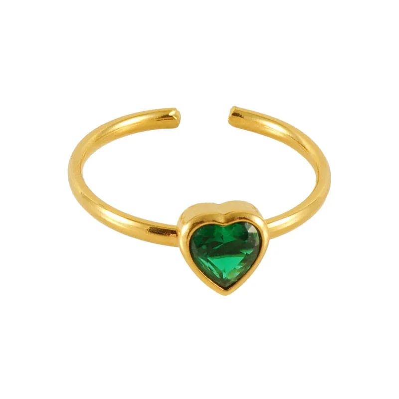 Playful 18K Gold-Plated Open-Front Heart Flower Ring - Gold Green Heart CZ